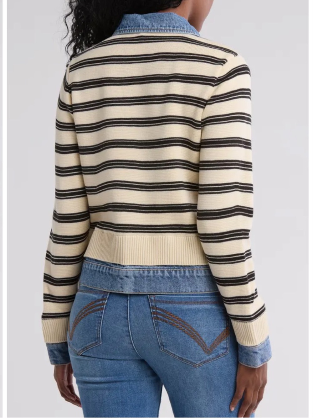Democracy Striped Mixed Media Sweater Jacket with Denim Trim Small - Picture 3 of 6